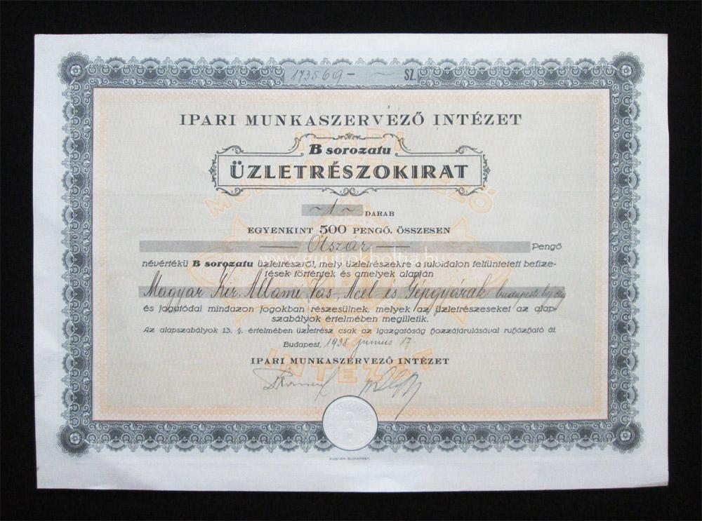 Ipari Munkaszervez Intzet "B" zletrszokirat 500 peng 1938